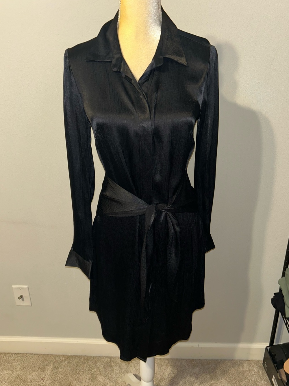 NWT Bobi Black Black Long-Sleeve Satin Shirt Dress with Tie Waist Sz S